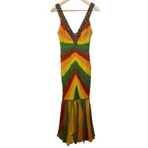 NWT Mandalay Multicolor Silk Beaded Mermaid Maxi Long Evening Gown Womens Size 8